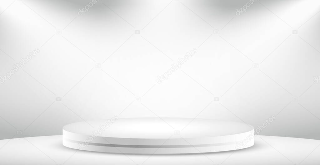 Realistic gray - white studio, white round podium - Vector illustration