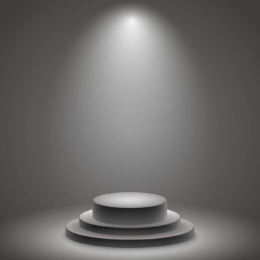 Gerçekçi gri - beyaz stüdyo, beyaz yuvarlak podyum - Vektör illüstrasyonu