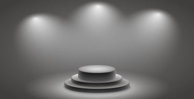 Gerçekçi gri - beyaz stüdyo, beyaz yuvarlak podyum - Vektör illüstrasyonu