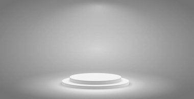 Gerçekçi gri - beyaz stüdyo, beyaz yuvarlak podyum - Vektör illüstrasyonu