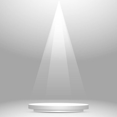 Beyaz stüdyo arka planı, yukarıdan ışıklandırmalı büyük podyum - Vektör illüstrasyonu
