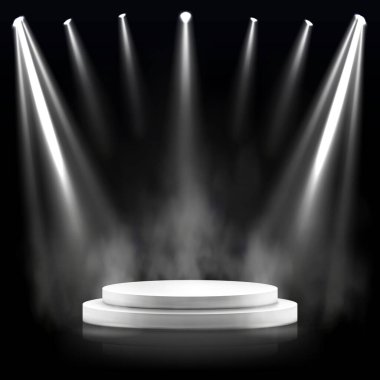 Beyaz podyumu ve yukarıdan ışıklandırması olan gerçekçi siyah stüdyo - Vektör illüstrasyonu