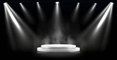 Beyaz podyumu ve yukarıdan ışıklandırması olan gerçekçi siyah stüdyo - Vektör illüstrasyonu