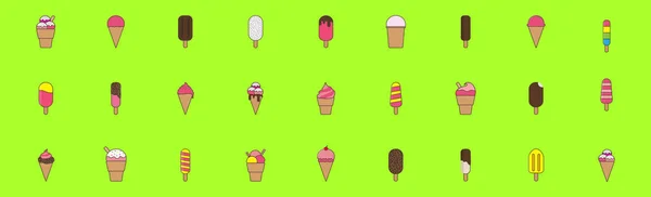 Muchos Tipos Diferentes Helado Sobre Fondo Amarillo Verde Ilustración Vectorial — Archivo Imágenes Vectoriales