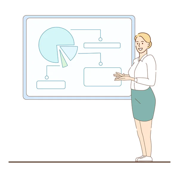 Unternehmenspräsentation Frau Zeigt Informationen Auf Whiteboard Vektor Illustration — Stockvektor