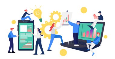 Arkadaş canlısı bir takımda iş ekibi çalışması - Vektör illüstrasyonu