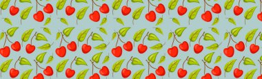 Kusursuz desenli, yeşil yapraklı gerçekçi kırmızı kiraz.