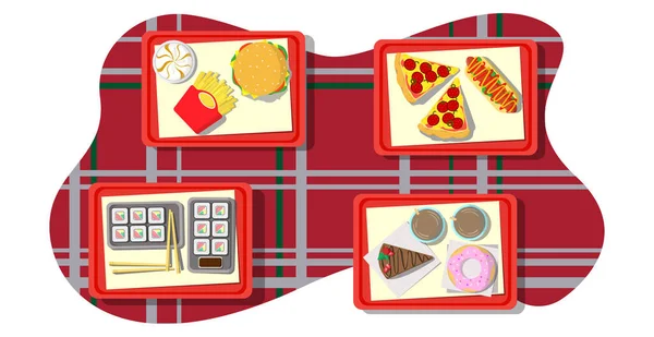 Varios Alimentos Diferentes Cocinas Del Mundo Una Bandeja Ilustración Vectorial — Vector de stock