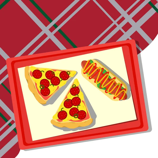 Pizza Leżąca Tacy Obrus Kratkę Ilustracja Wektora — Wektor stockowy