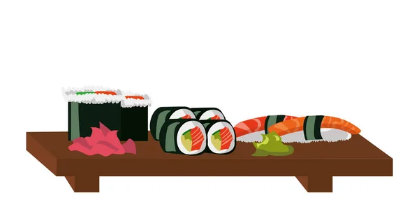 Σετ Για Ρολά Και Σούσι Εθνικό Ιαπωνικό Πιάτο Vector Illustration — Διανυσματικό Αρχείο