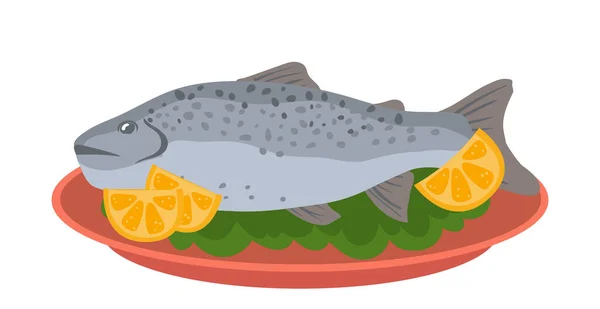 Pescado Fresco Horno Con Rodajas Limón Ilustración Vectorial — Vector de stock