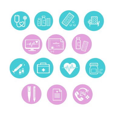 Beyaz arkaplanda tıbbi simgelerin seçimi - Vektör illüstrasyonu