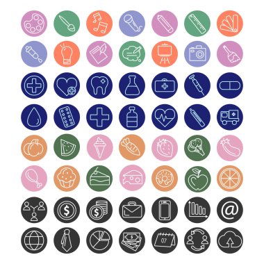 Yaratıcılık, ilaç, gıda ve iş teması üzerine ikon koleksiyonu - Vektör illüstrasyonu