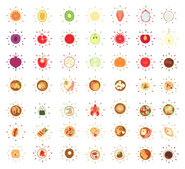Ícones Brilhantes Vários Alimentos Bebidas Ilustração Vetorial — Vetor de Stock