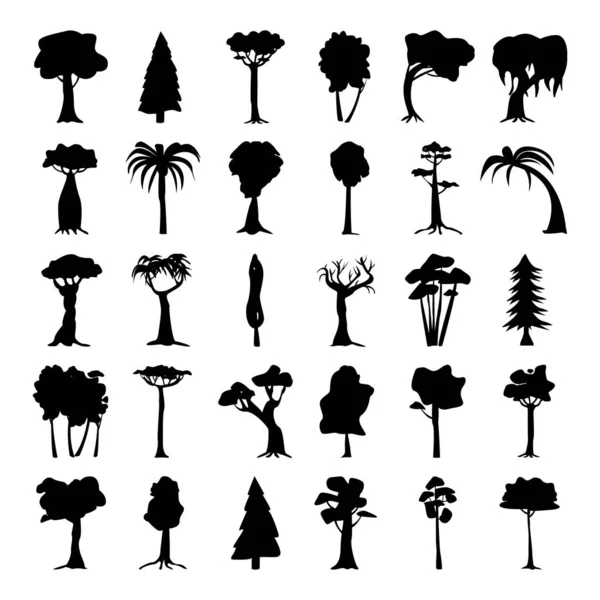 Seth Czarne Sylwetki Drzew Różnych Stref Klimatycznych Białym Tle Ilustracja — Wektor stockowy