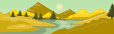 Panoramik dağ, sık ormanlı parlak güneşli manzara - Vektör illüstrasyonu