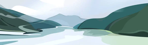Горный Пейзаж Скалы Впадающая Вдаль Река Векторная Иллюстрация — стоковый вектор