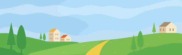 Панорамный горный солнечный пейзаж, дома на холме - векторная иллюстрация