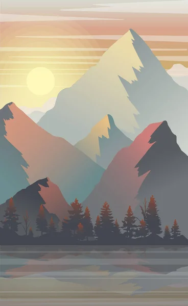 Панорамный Горный Вечерний Пейзаж Фоне Густого Леса Векторная Иллюстрация — стоковый вектор