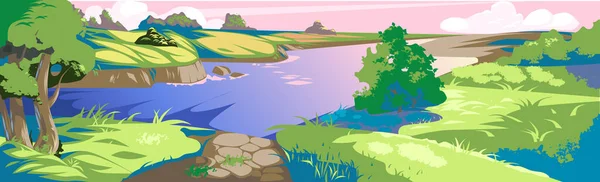 Панорамный Реалистичный Пейзаж Быстрая Извилистая Река Векторная Иллюстрация — стоковый вектор