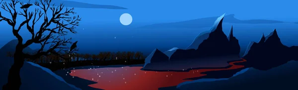 Horská Krajina Zářící Měsíc Nad Nočním Horským Jezerem Vektorová Ilustrace — Stockový vektor