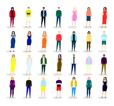 Beyaz arka planda farklı insanların küçük minyatürleri - Vektör illüstrasyonu