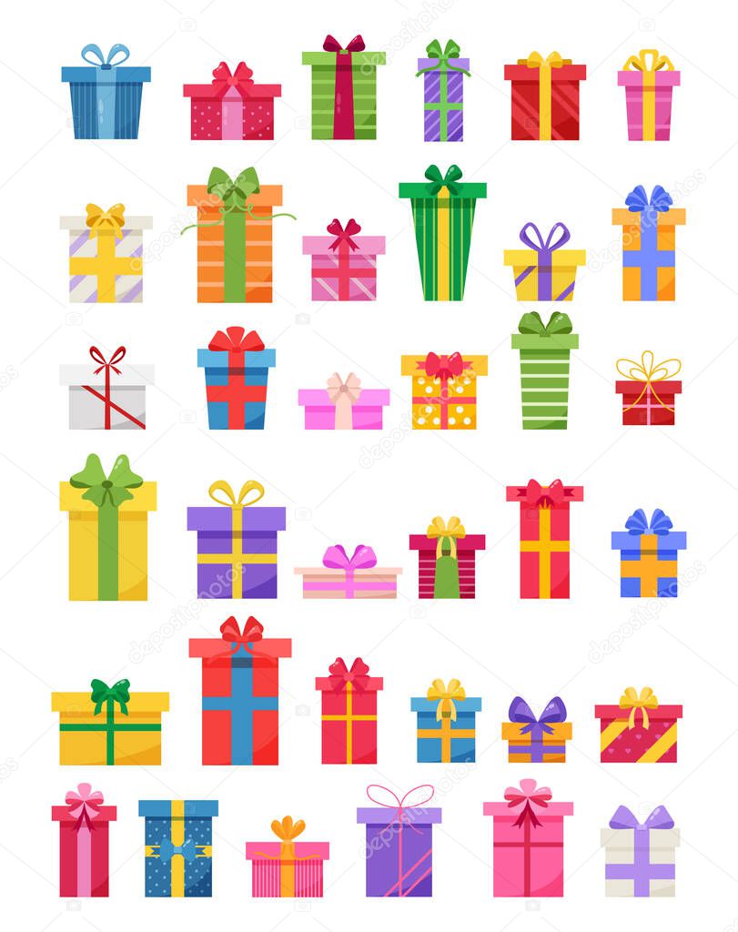 Assembly of 36 pieces of multicolored gift boxes - Vector illustration