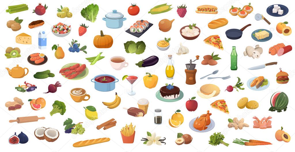 Realistic products, vegetables and fruits on a white background - Vector illustration
