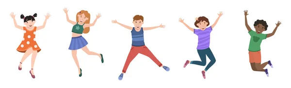 Πέντε Χαρούμενα Παιδιά Που Χοροπηδούν Από Χαρά Λευκό Φόντο Vector — Διανυσματικό Αρχείο