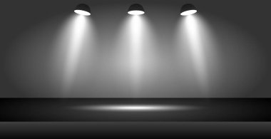 Sahne ışıkları aydınlatan gerçekçi karanlık stüdyo - Vektör illüstrasyonu