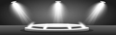 Karanlık stüdyoda gerçekçi yuvarlak beyaz podyum - Vektör illüstrasyonu