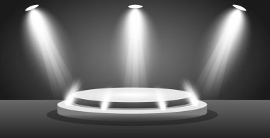 Karanlık stüdyoda gerçekçi yuvarlak beyaz podyum - Vektör illüstrasyonu