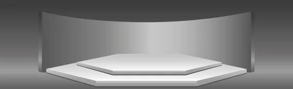 Pódio Branco Hexagonal Realista Estúdio Escuro Ilustração Vetorial — Vetor de Stock