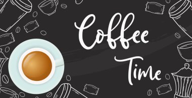 Kahve molası, koyu kahve arkaplanı - Vektör illüstrasyonu