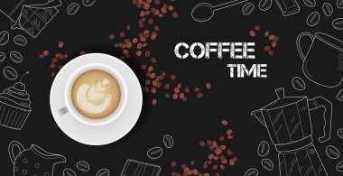 Kahve molası, koyu kahve arkaplanı - Vektör illüstrasyonu