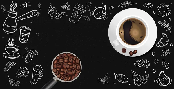 コーヒーの現実的なカップとコーヒーの背景 ベクトルイラスト — ストックベクタ