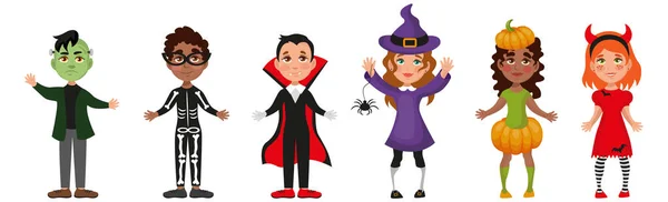 Children Dressed Festive Halloween Costumes Vector Illustration — Stock Vector