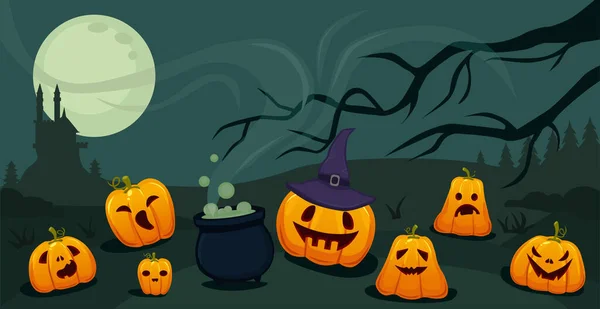 Realistic Holiday Pumpkins Halloween Moon Background Vector Illustration — Stock Vector