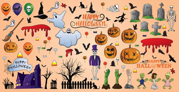 Grand Ensemble Couleurs Avec Des Éléments Pour Les Vacances Halloween — Image vectorielle