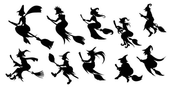 Conjunto Brujas Diferentes Palo Escoba Halloween Sobre Fondo Blanco Ilustración — Archivo Imágenes Vectoriales