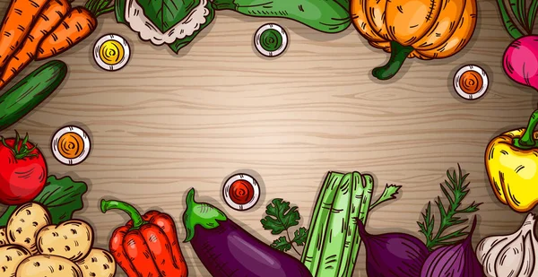 木製の背景の現実的な様々な野菜 ベクトルイラスト — ストックベクタ