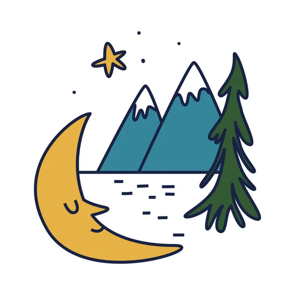 A crescent moon against the background of mountains and the river surface. Sleeping moon with snow-capped mountain ranges isolated. Cartoon vector illustration of hiking and outdoor recreation. Vector Graphics
