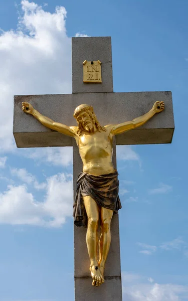 Golden Crucificado Jesus Cristo Cruz Fecha Detalhe Calvário Nitra Eslováquia — Fotografia de Stock