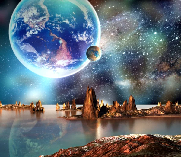 Alien Planet With, Moon and Mountains — Stock Photo, Image