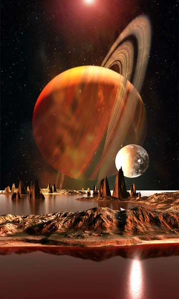 Alien Planet With Saturn, Moon and Mountains — Stock Photo, Image