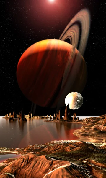 Außerirdischer Planet mit Satin, Mond und Bergen — Stockfoto