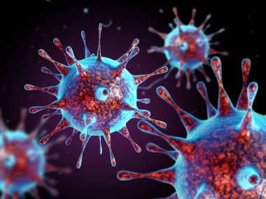 Coronavirus COVID-19 konsepti hastalık salgını ve koronavirüs gribi için bir salgın gibi tehlikeli grip salgını vakaları için elverişli. Mikroskop virüsü yaklaşıyor. 3d oluşturma. 