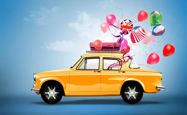 Retro bil med ballonger — Stockfoto