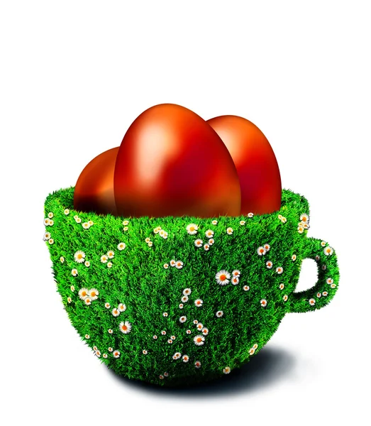 Easter eggs in grass cup with daisy flowers and snowdrops — Stock Photo, Image