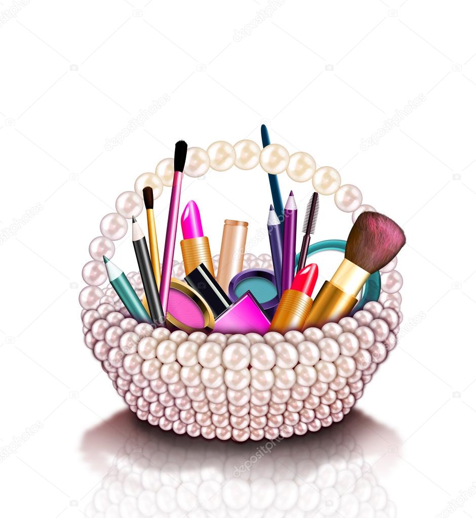 Cosmetics set into a pearl basket